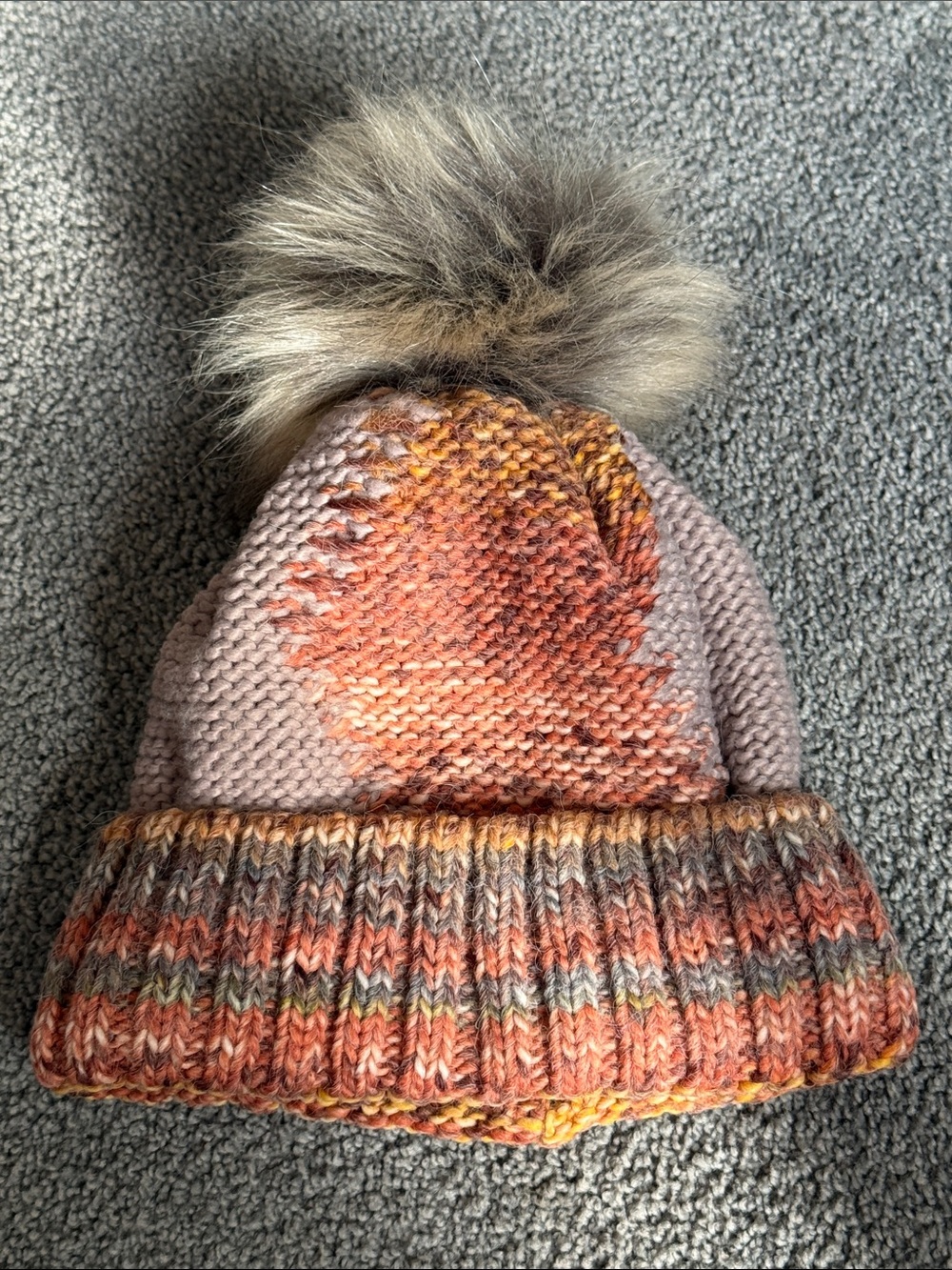 Multicolor Knit Faux Fur Pom Pom Beanie. Tan/Green/Orange. Lined. One Size